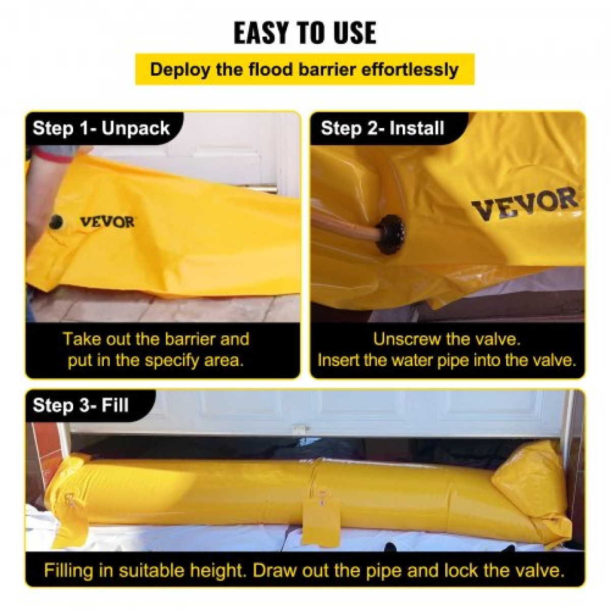 VEVOR Flood Barrier, 732 × 25,4 × 15,3 cm, επαναχρησιμοποιούμενοι σωλήνες εκτροπής νερού από PVC, ελαφρύ υδροφράγμα με εξαιρετική αδιάβροχη επίδραση που χρησιμοποιείται για πόρτες, γκαράζ, κίτρινο