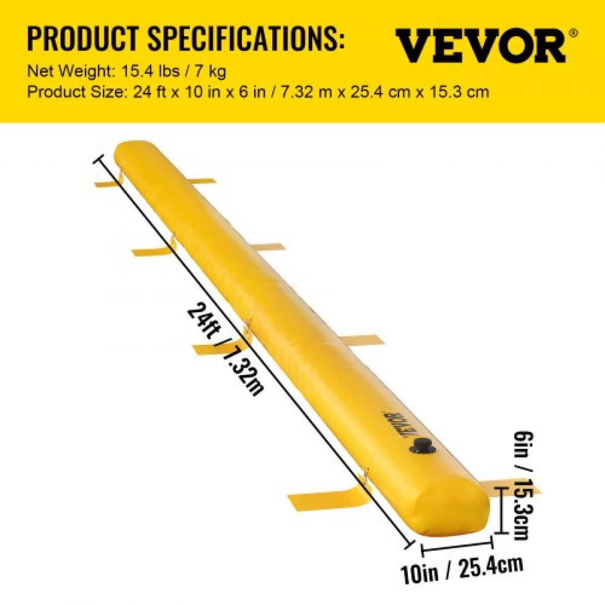 VEVOR Flood Barrier, 732 × 25,4 × 15,3 cm, επαναχρησιμοποιούμενοι σωλήνες εκτροπής νερού από PVC, ελαφρύ υδροφράγμα με εξαιρετική αδιάβροχη επίδραση που χρησιμοποιείται για πόρτες, γκαράζ, κίτρινο