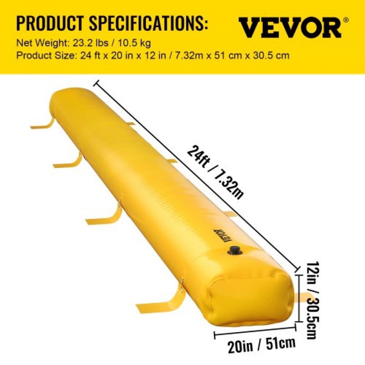Τσάντα VEVOR Flood, 732 × 50,8 × 30,5 cm, επαναχρησιμοποιήσιμοι σωλήνες εκτροπής νερού από PVC, ελαφρύ με εξαιρετικό αδιάβροχο αποτέλεσμα που χρησιμοποιείται για πόρτες, γκαράζ, κίτρινο