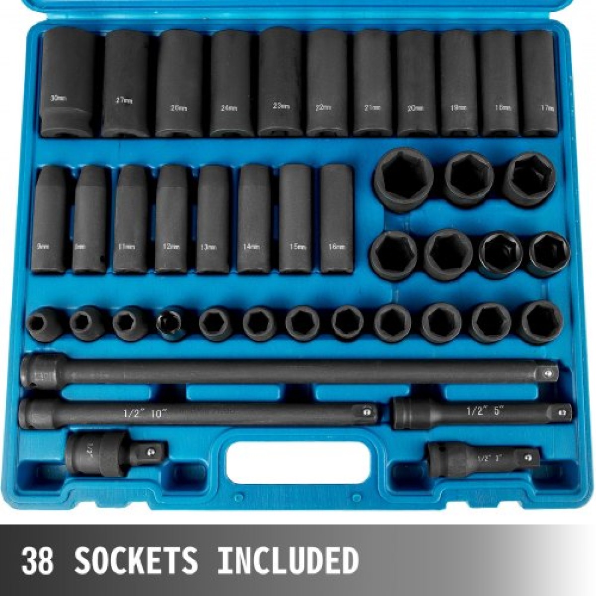 VEVOR Impact Socket Set 1/2 Inches 43 Piece Impact Socket, Standard Socket Assortment, 1/2 Inches Drive Socket Set 6 Point Socket Metric 9-30mm (Standard/Deep)