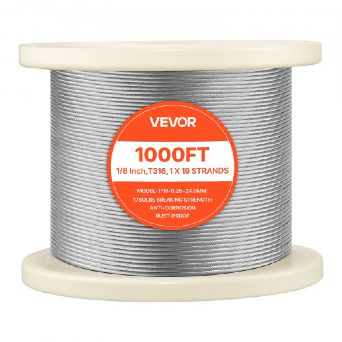 Συρματόσχοινο VEVOR 3,2 mm, Μήκος 304,8 m, Καλώδιο σύρμα από ανοξείδωτο χάλυβα 316 με κόφτη, 798 kg Αντοχή σε θραύση, Κατασκευή 1 x 19 σκέλη, Ατσάλινο καλώδιο για σύστημα κιγκλιδώματος καταστρώματος, Καφασωτά κήπου