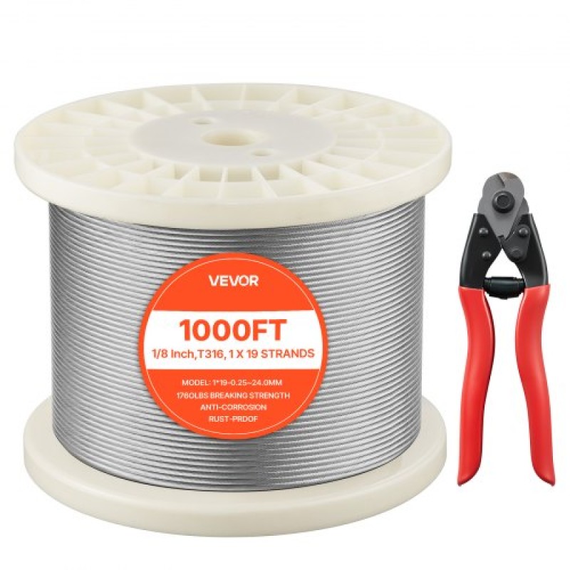 Συρματόσχοινο VEVOR 3,2 mm, Μήκος 304,8 m, Καλώδιο σύρμα από ανοξείδωτο χάλυβα 316 με κόφτη, 798 kg Αντοχή σε θραύση, Κατασκευή 1 x 19 σκέλη, Ατσάλινο καλώδιο για σύστημα κιγκλιδώματος καταστρώματος, Καφασωτά κήπου