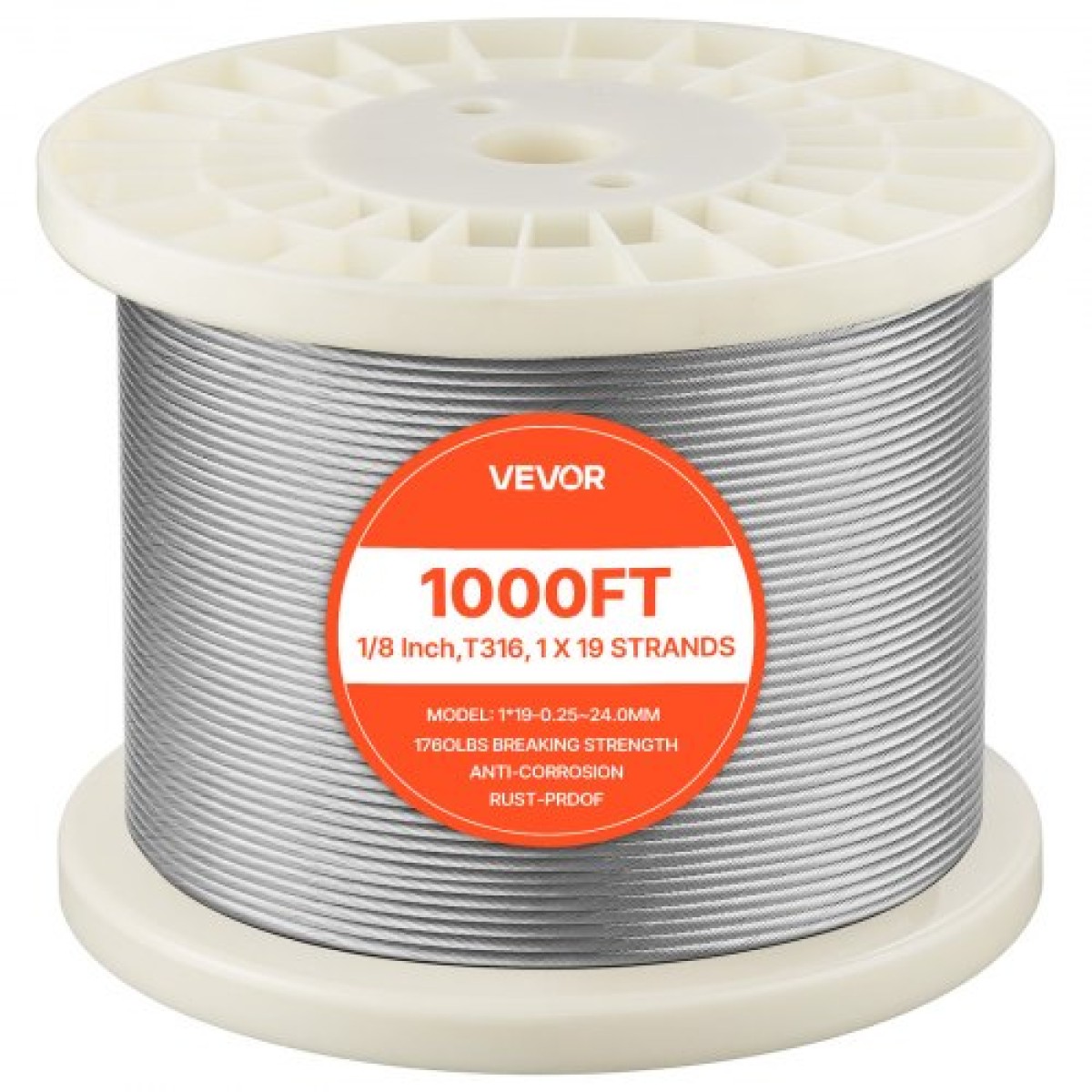 Συρματόσχοινο VEVOR 3,2 mm, Μήκος 304,8 m, Καλώδιο σύρμα από ανοξείδωτο χάλυβα 316 με κόφτη, 798 kg Αντοχή σε θραύση, Κατασκευή 1 x 19 σκέλη, Ατσάλινο καλώδιο για σύστημα κιγκλιδώματος καταστρώματος, Καφασωτά κήπου