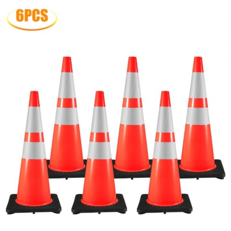 VEVOR 6Pack 36\" Traffic Cones, Safety Road Parking Cone with Black Weighted Base, PVC Orange Traffic Safety Cones, Hazard Cones Reflektive Collars for Construction Traffic Parking