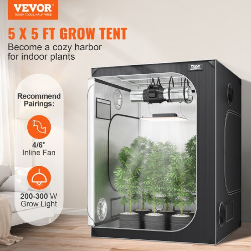 VEVOR 5x5 Grow Tent, 1828,8 x 1828,8 x 2438,4 cm, High Reflective 2000D Mylar Hydroponic Growing Tent με παράθυρο παρατήρησης, τσάντα εργαλείων και δίσκο δαπέδου για καλλιέργεια φυτών εσωτερικού χώρου