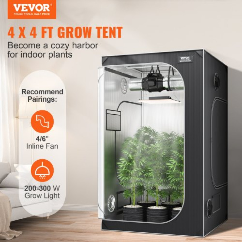 VEVOR 4x4 Grow Tent, 122 x 122 x 203 cm, High Reflective 2000D Mylar Hydroponic Growing Tent με παράθυρο παρατήρησης, τσάντα εργαλείων και δίσκο δαπέδου για καλλιέργεια φυτών εσωτερικού χώρου