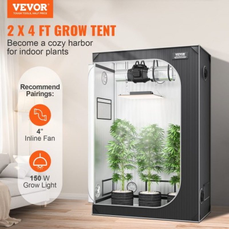 VEVOR 2x4 Grow Tent, 122 x 61 x 183 cm, High Reflective 2000D Mylar Hydroponic Growing Tent με παράθυρο παρατήρησης, τσάντα εργαλείων και δίσκο δαπέδου για καλλιέργεια φυτών εσωτερικού χώρου