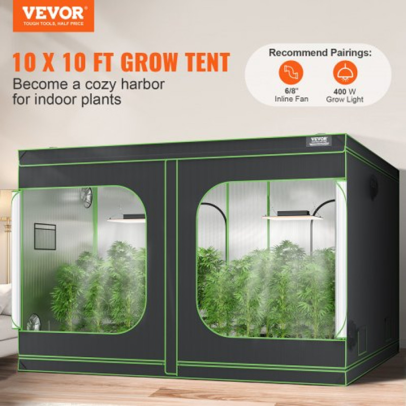 VEVOR 10x10 Grow Tent, 120'' x 120'' x 80'', High Reflective 600D Mylar Hydroponic Growing Ten with Observation Window, Tool Bag and Tray for Indoor Growing Plants