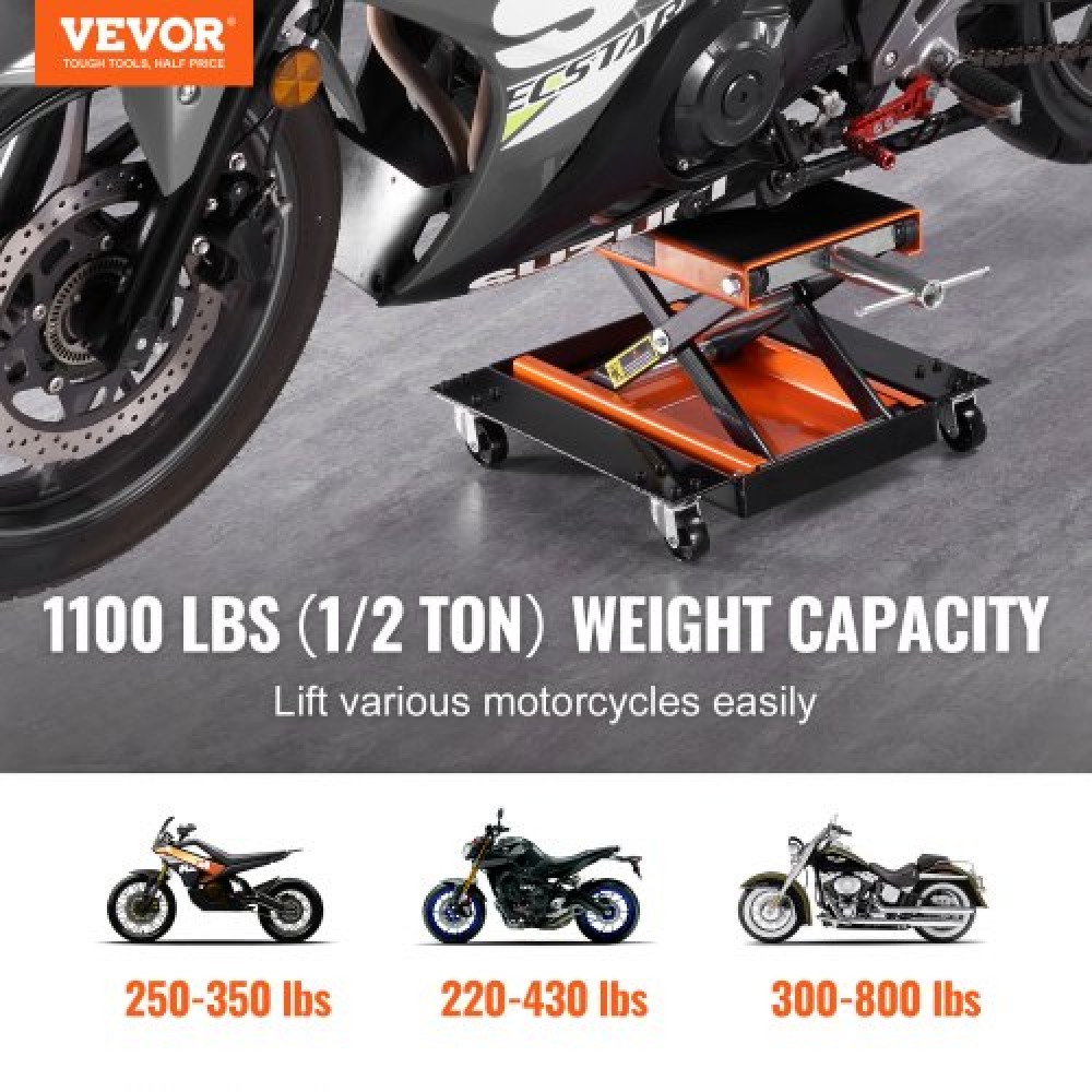 VEVOR Motorcycle Lift ATV Scissor Jack Dolly 1100 lbs Wide Deck & Hand Crank