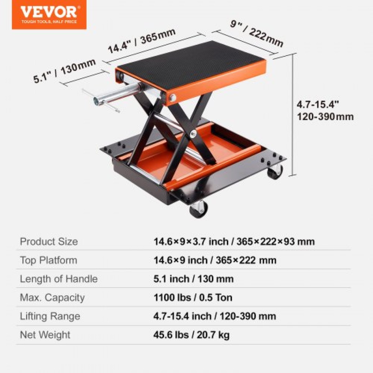 VEVOR μοτοσικλέτας ανυψωτικό ATV ψαλίδι Jack Dolly 499,5 kg Φαρδύ κατάστρωμα & μανιβέλα χειρός