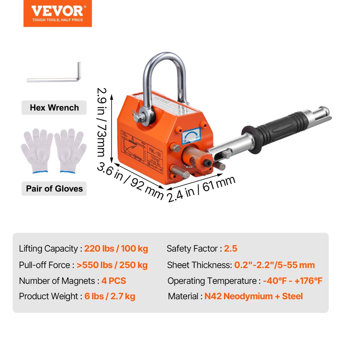 VEVOR Magnetic Lifter, 220 lbs/100 kg ικανότητα έλξης, 2,5 συντελεστής ασφάλειας, νεοδύμιο & χάλυβας, μαγνήτης ανύψωσης με απελευθέρωση, μαγνήτες μόνιμης ανύψωσης, μαγνήτης βαρέως τύπου για ανυψωτικό, γερανός καταστήματος, μπλοκ, σανίδα