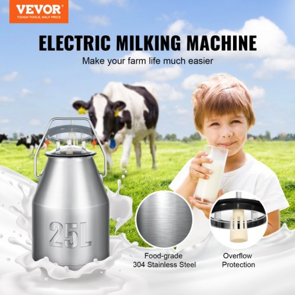 VEVOR Electric Cow Milking Machine Milking Equipment 25L 304 Stainless Steel