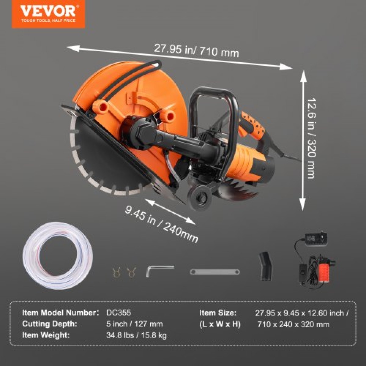 VEVOR 14"/35,6 cm Ηλεκτρικό πριόνι σκυροδέματος υγρό/στεγνό πριόνι με αντλία νερού και λεπίδα
