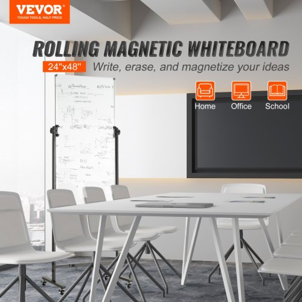 VEVOR Rolling Magnetic Whiteboard, Κινητός Λευκός Πίνακας Διπλής Όψης 24x48 ίντσες, Ρυθμιζόμενος Ύψος Dry Erase Board με ρόδες, 1 Magnetic Erase & 3 Dry Erase Markers & Mobile Tray for Office School