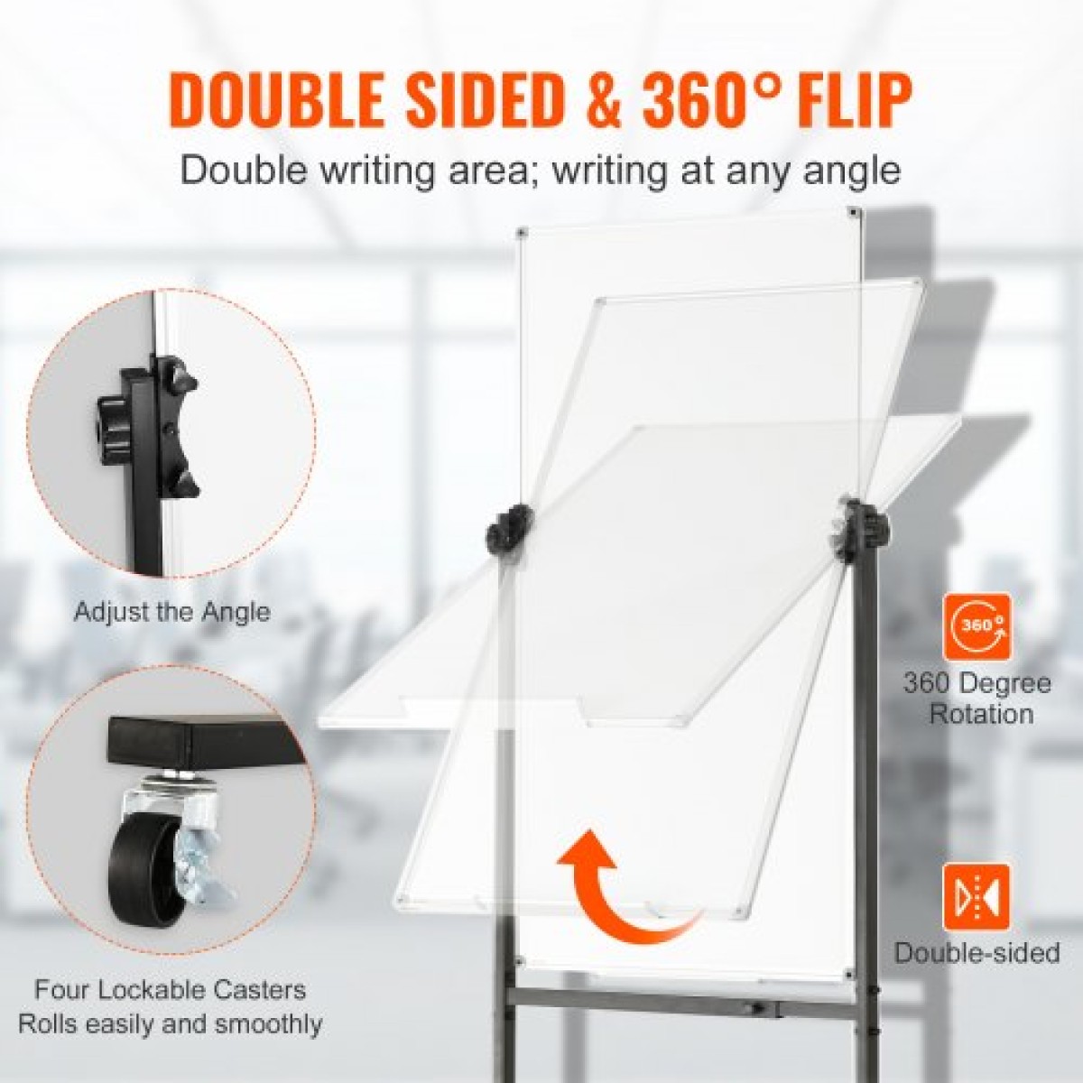 VEVOR Rolling Magnetic Whiteboard, Κινητός Λευκός Πίνακας Διπλής Όψης 24x48 ίντσες, Ρυθμιζόμενος Ύψος Dry Erase Board με ρόδες, 1 Magnetic Erase & 3 Dry Erase Markers & Mobile Tray for Office School