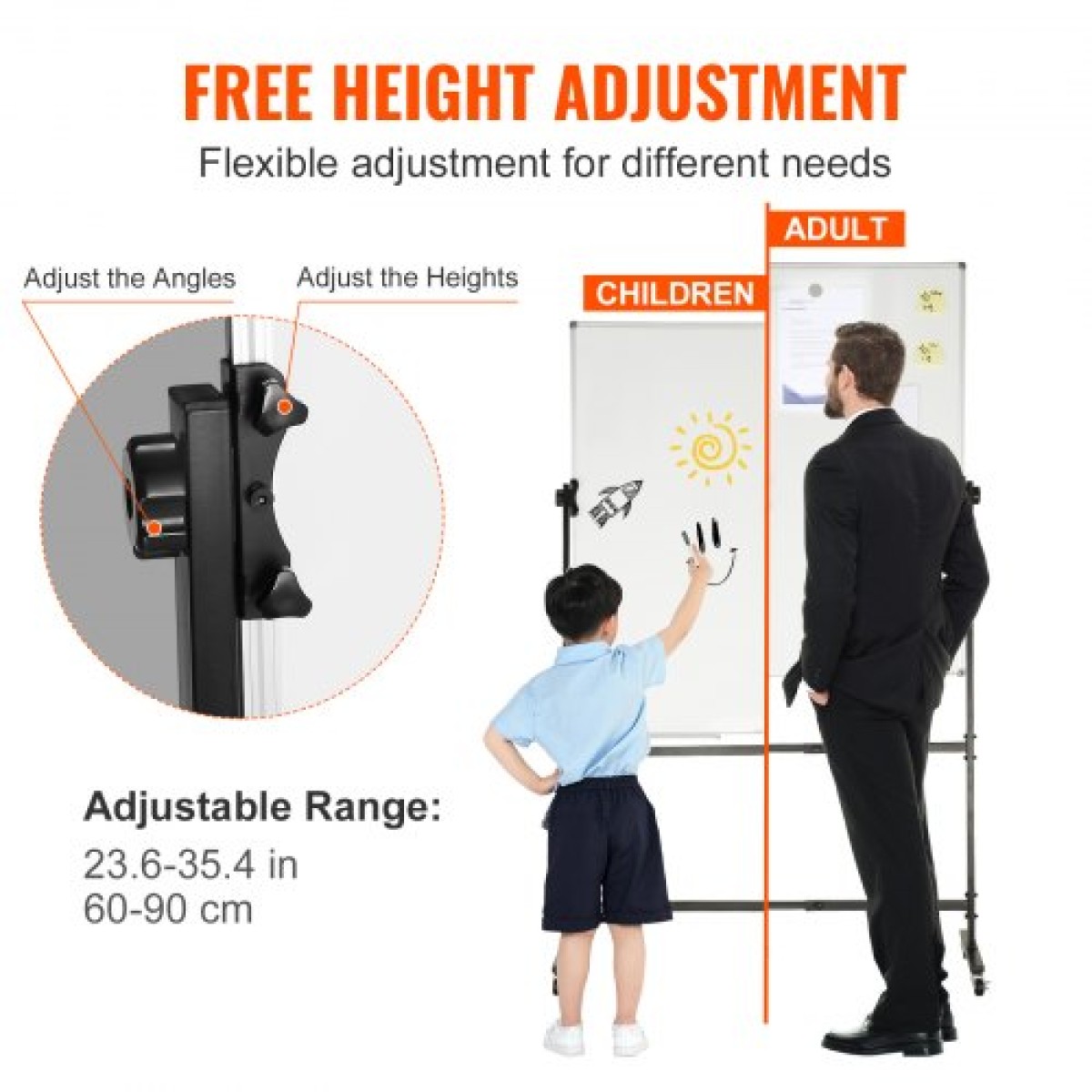 VEVOR Rolling Magnetic Whiteboard, Κινητός Λευκός Πίνακας Διπλής Όψης 24x48 ίντσες, Ρυθμιζόμενος Ύψος Dry Erase Board με ρόδες, 1 Magnetic Erase & 3 Dry Erase Markers & Mobile Tray for Office School