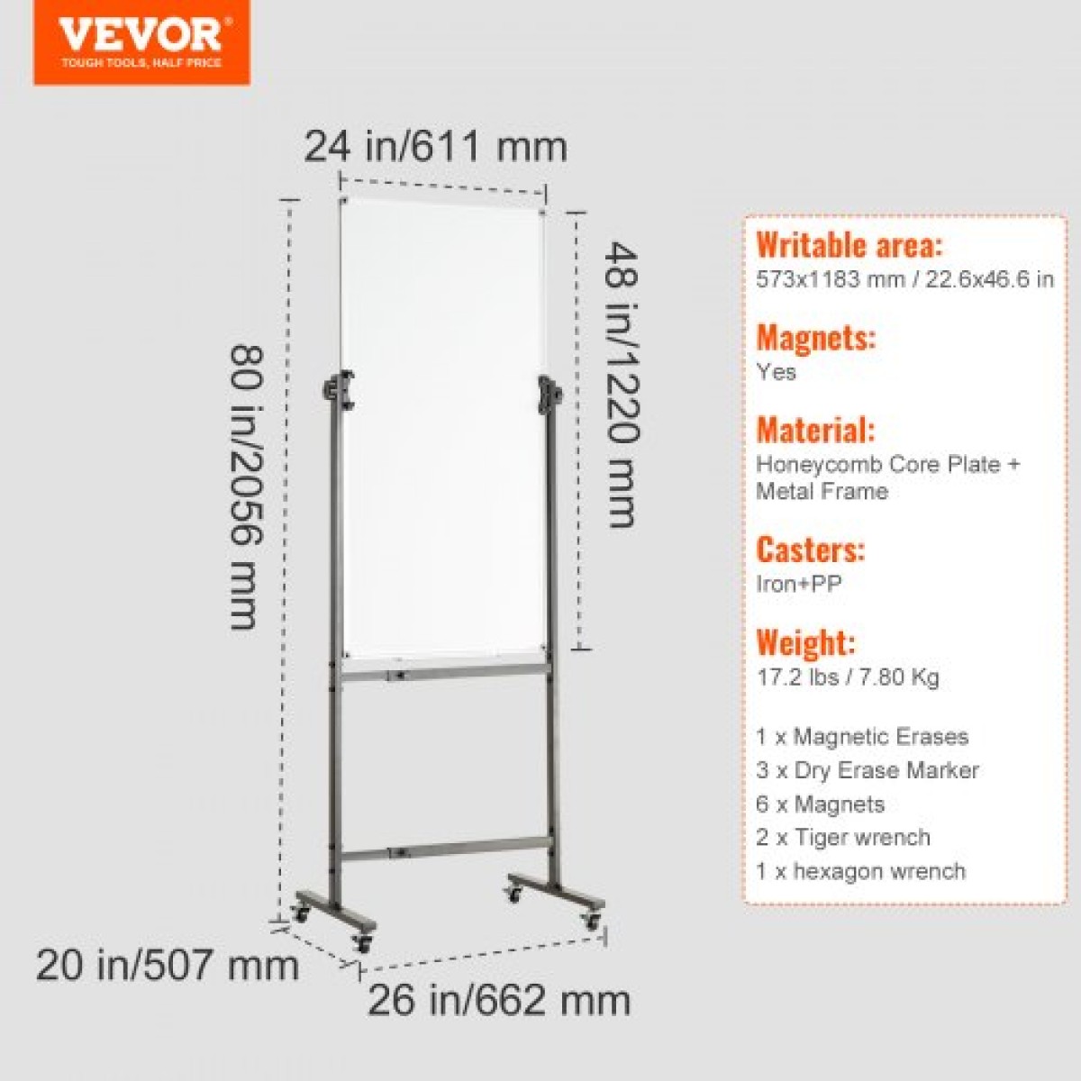 VEVOR Rolling Magnetic Whiteboard, Κινητός Λευκός Πίνακας Διπλής Όψης 24x48 ίντσες, Ρυθμιζόμενος Ύψος Dry Erase Board με ρόδες, 1 Magnetic Erase & 3 Dry Erase Markers & Mobile Tray for Office School