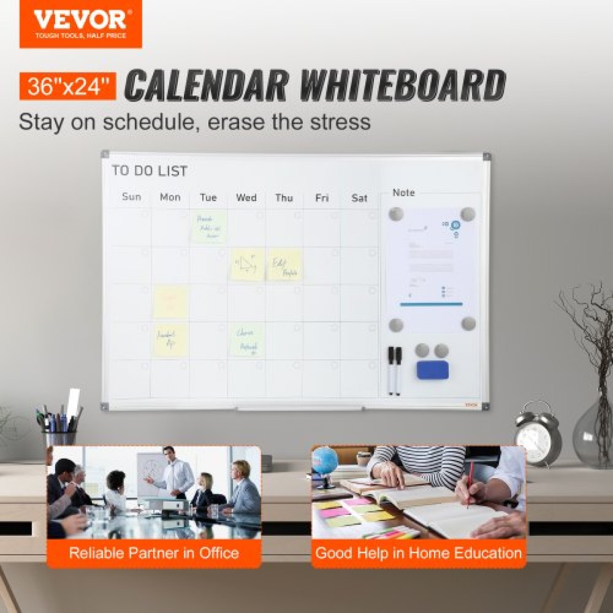 Λευκός πίνακας VEVOR Calendar, 36 x 24 ίντσες Magnetic Dry Erase Calendar Board, Monthly Planner Whiteboard για τοίχο, 1 Magnetic Erase & 2 Dry Erase Marker & Mobile Tray for Restaurant Office Home School