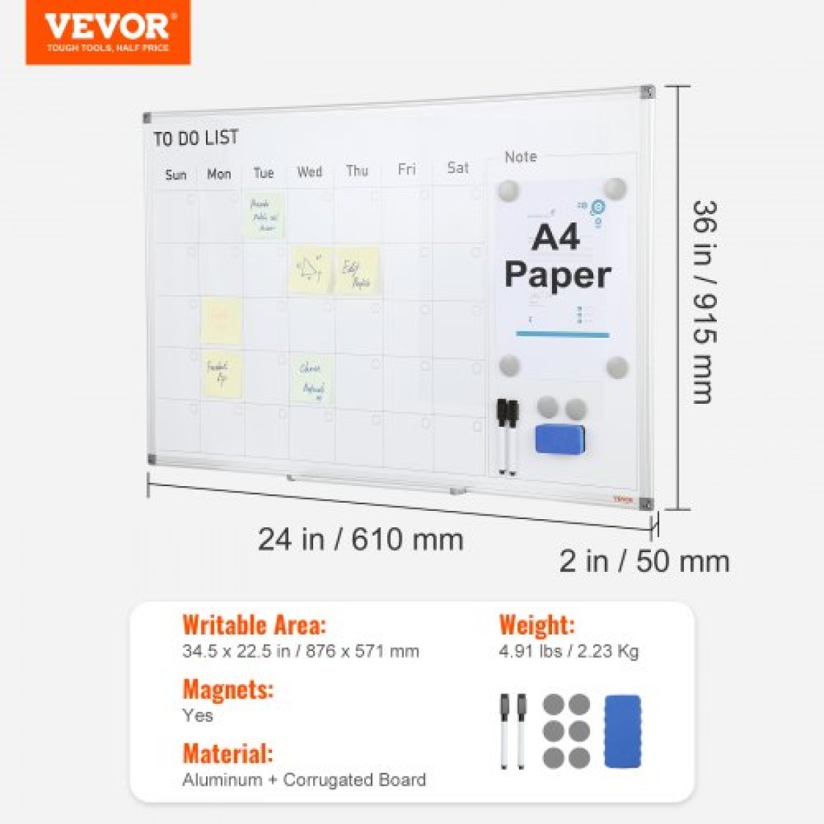 Λευκός πίνακας VEVOR Calendar, 36 x 24 ίντσες Magnetic Dry Erase Calendar Board, Monthly Planner Whiteboard για τοίχο, 1 Magnetic Erase & 2 Dry Erase Marker & Mobile Tray for Restaurant Office Home School