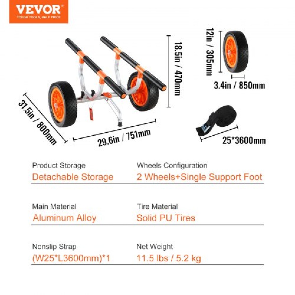 Καρότσι VEVOR Heavy Duty Kayak, χωρητικότητα 204,1 κιλών, Αποσπώμενο καρότσι κανόε με μασίφ λάστιχα 30,5 cm, ρυθμιζόμενο πλάτος & αντιολισθητικό πόδι στήριξης, για καγιάκ Canoes Paddleboards Float Mats Jon Boats
