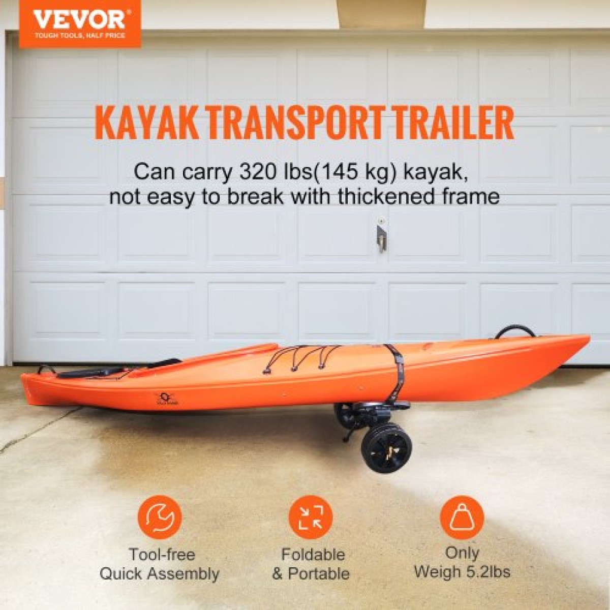 Καρότσι VEVOR Heavy Duty Kayak, χωρητικότητα φόρτωσης 320 λίβρες, Αποσπώμενο καρότσι κανόε τρόλεϊ με ελαστικά 10'', ρυθμιζόμενα στηρίγματα & αντιολισθητικό πόδι στήριξης, για καγιάκ Canoes Paddleboards Float Mats Jon Boats
