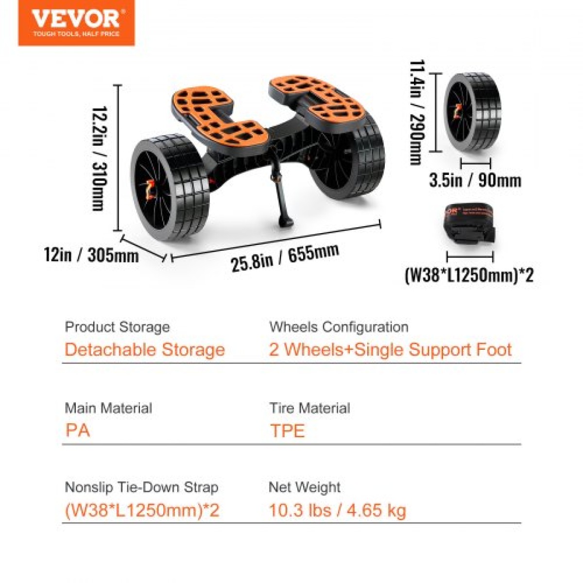 Καρότσι VEVOR Heavy Duty Kayak, χωρητικότητα φόρτωσης 320 λίβρες, Αποσπώμενο καρότσι κανόε τρόλεϊ με ελαστικά 10'', ρυθμιζόμενα στηρίγματα & αντιολισθητικό πόδι στήριξης, για καγιάκ Canoes Paddleboards Float Mats Jon Boats