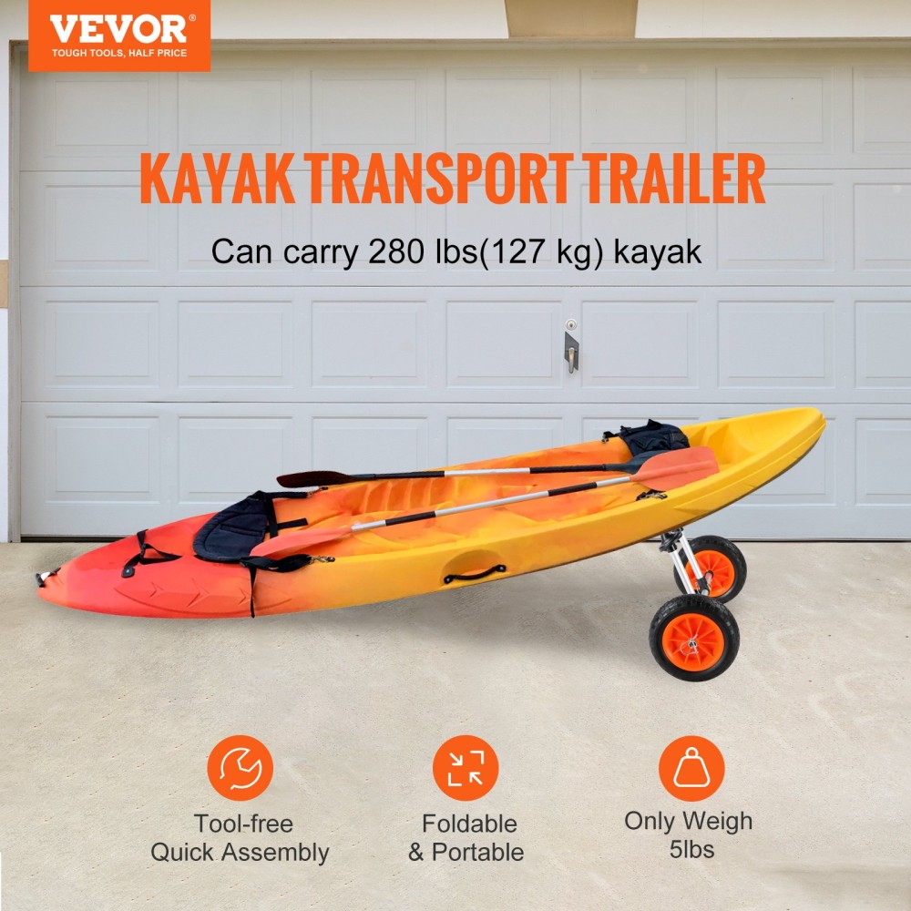 Καρότσι VEVOR Heavy Duty Kayak, χωρητικότητα φόρτωσης 280 lbs, Αποσπώμενο καρότσι κανόε με συμπαγή ελαστικά 10'', Ρυθμιζόμενο πλάτος & προστασία από αφρό κορυφής, για καγιάκ με οπές αποστράγγισης 2,54 cm και άνω