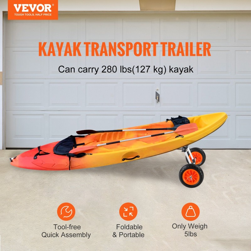 Καρότσι VEVOR Heavy Duty Kayak, χωρητικότητα φόρτωσης 280 lbs, Αποσπώμενο καρότσι κανόε με συμπαγή ελαστικά 10'', Ρυθμιζόμενο πλάτος & προστασία από αφρό κορυφής, για καγιάκ με οπές αποστράγγισης 2,54 cm και άνω