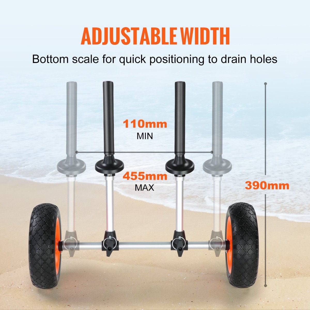Καρότσι VEVOR Heavy Duty Kayak, χωρητικότητα φόρτωσης 280 lbs, Αποσπώμενο καρότσι κανόε με συμπαγή ελαστικά 10'', Ρυθμιζόμενο πλάτος & προστασία από αφρό κορυφής, για καγιάκ με οπές αποστράγγισης 2,54 cm και άνω