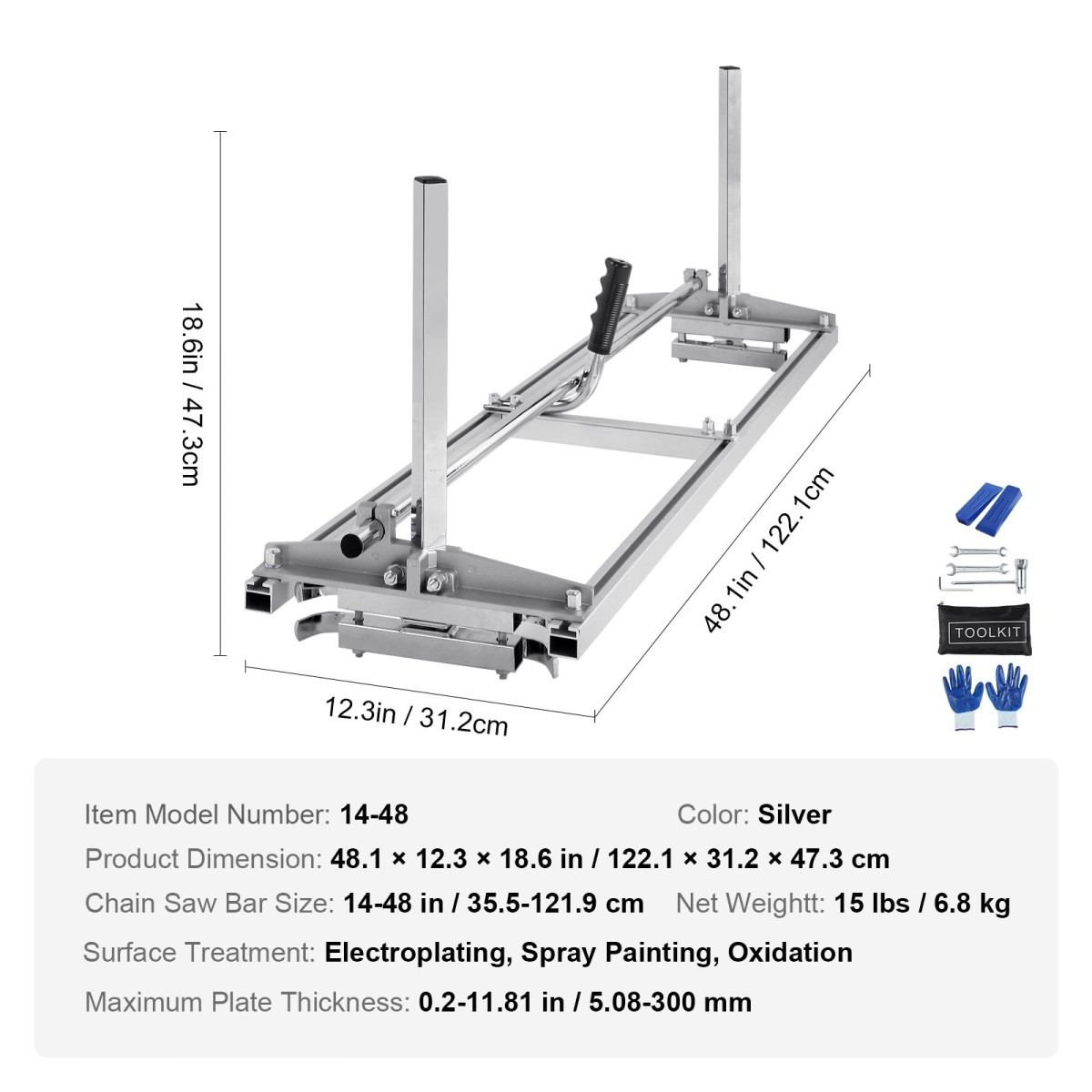 VEVOR Αλυσοπρίονο, Φορητό Πριονιστήριο 36 cm-122 cm Οδηγός Μπάρα, Γαλβανισμένο Ατσάλι Αλυσοπρίονο Μύλος σανίδας με 0,5 cm-30 cm Πάχος κοπής, Πριονιστήριο σταυροκοπτικής ξυλείας για οικοδόμους και ξυλουργούς