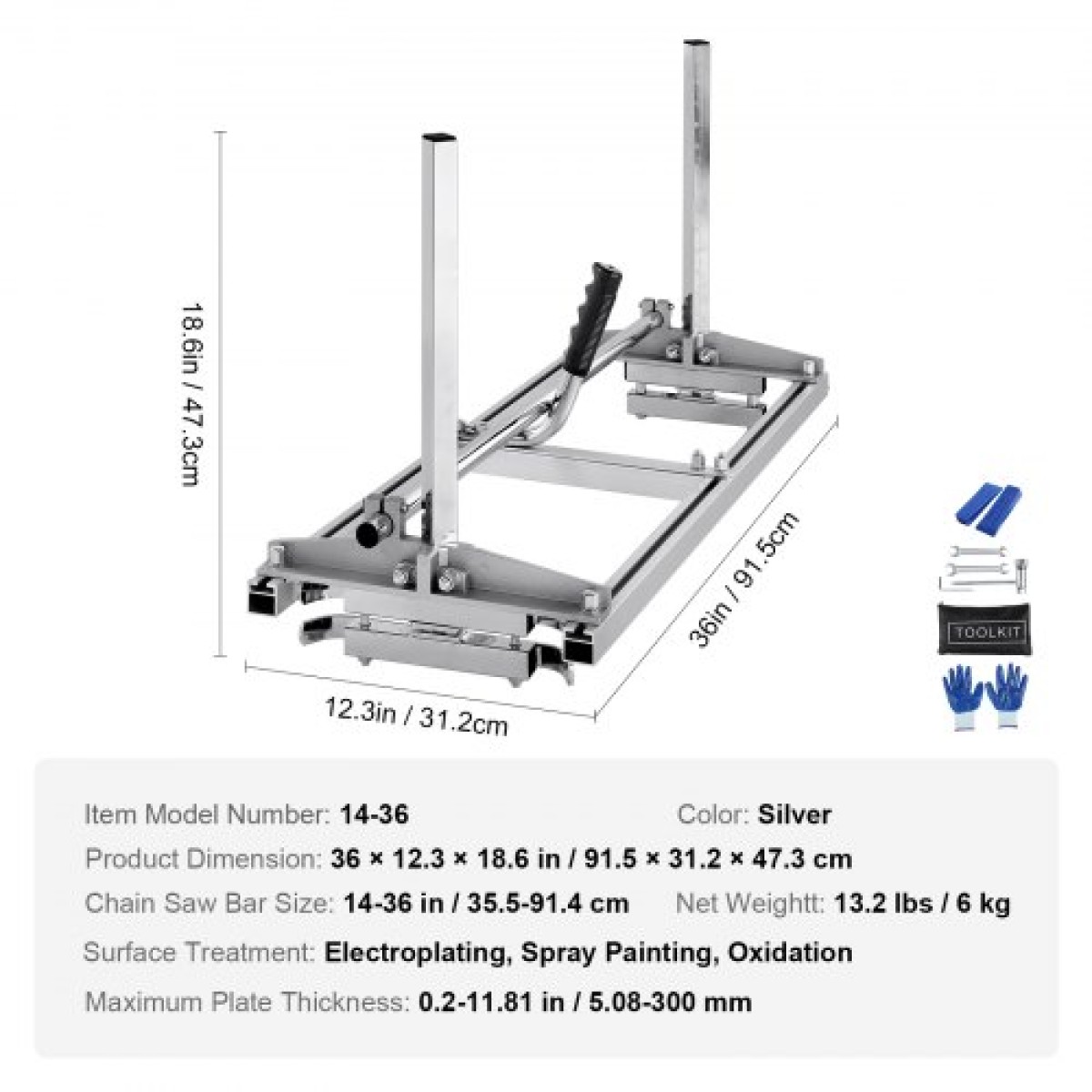 VEVOR Φορητό Πριονιστήριο 35,6cm-91,4cm Μπάρα οδηγός Γαλβανισμένο Ατσάλι Αλυσοπρίονο Σανίδα 0,5cm-30cm Πάχος, Πριονιστήριο σταυροκοπτικής ξυλείας για οικοδόμους και ξυλουργούς, ασήμι