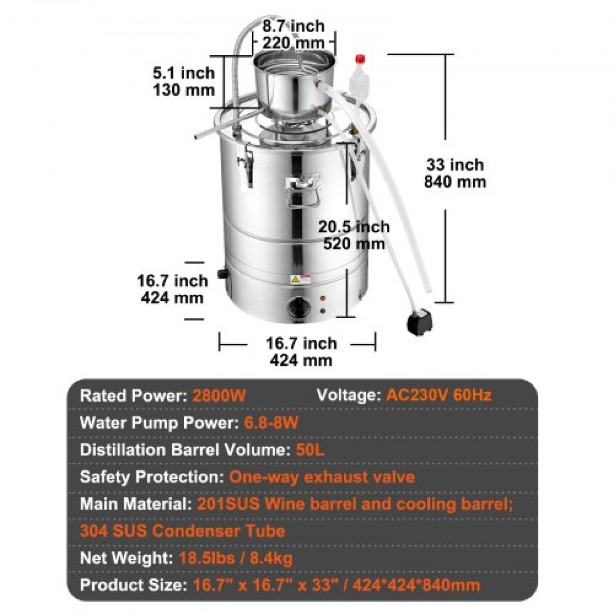 VEVOR Essential Oil Still Water Distiller 49,2L with Thumper Keg & Water Pump