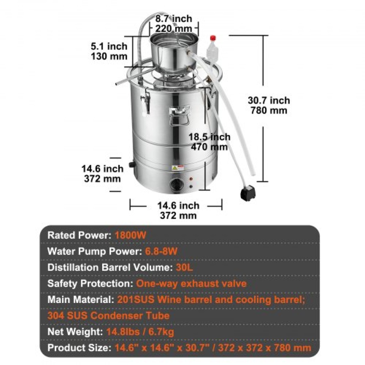 VEVOR Still Water Distiller 34,1L with Thumper Keg & Water Pump