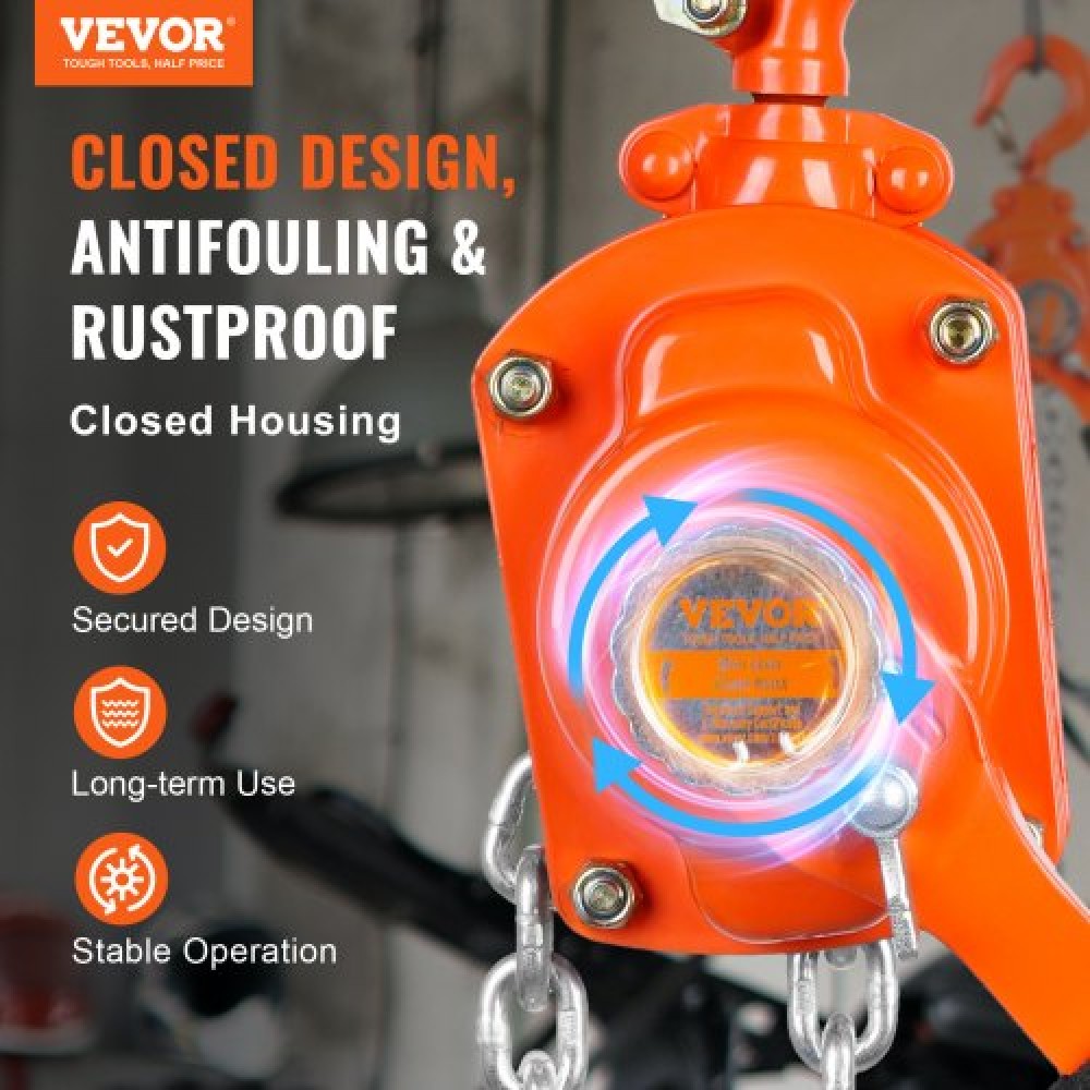 VEVOR Manual Lever Chain Hoist, 1/2 Ton 1100 lbs Capacity 10 FT Come Along, G80 Galvanized Carbon Steel with Weston Double-Pawl Brake, Auto Chain Leading & 360° Rotation Hook, for Garage Factory Dock