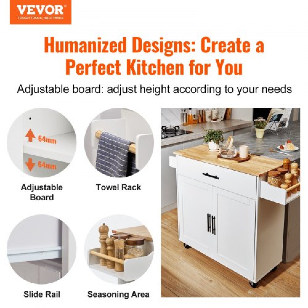 VEVOR Kitchen Island Cart με μασίφ ξύλινη κορυφή, 90 cm πλάτος κινητά καρότσια με ντουλάπι αποθήκευσης, κυλιόμενο τραπέζι κουζίνας με σχάρα μπαχαρικών, ράφι για πετσέτες, φύλλο και συρτάρι, φορητά νησιά σε ρόδες, λευκό