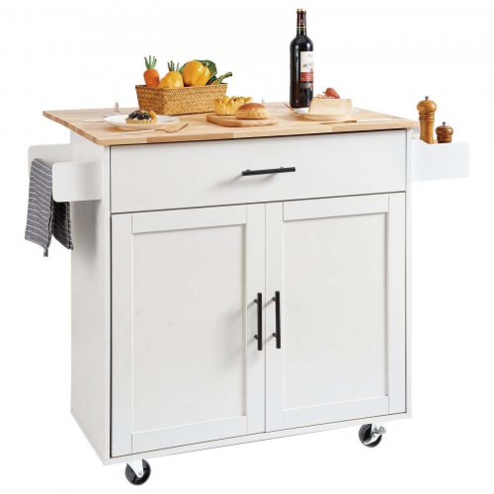VEVOR Kitchen Island Cart με μασίφ ξύλινη κορυφή, 90 cm πλάτος κινητά καρότσια με ντουλάπι αποθήκευσης, κυλιόμενο τραπέζι κουζίνας με σχάρα μπαχαρικών, ράφι για πετσέτες, φύλλο και συρτάρι, φορητά νησιά σε ρόδες, λευκό