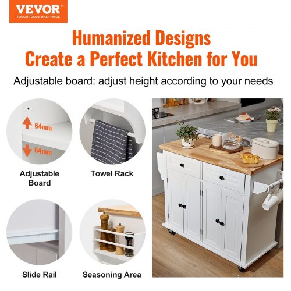 VEVOR Kitchen Island Cart με μασίφ ξύλινη κορυφή, 90 cm πλάτος κινητά καρότσια με ντουλάπι αποθήκευσης, κυλιόμενο τραπέζι κουζίνας με σχάρα μπαχαρικών, σχάρα για πετσέτες και συρτάρι, φορητά νησιά σε ρόδες, λευκό