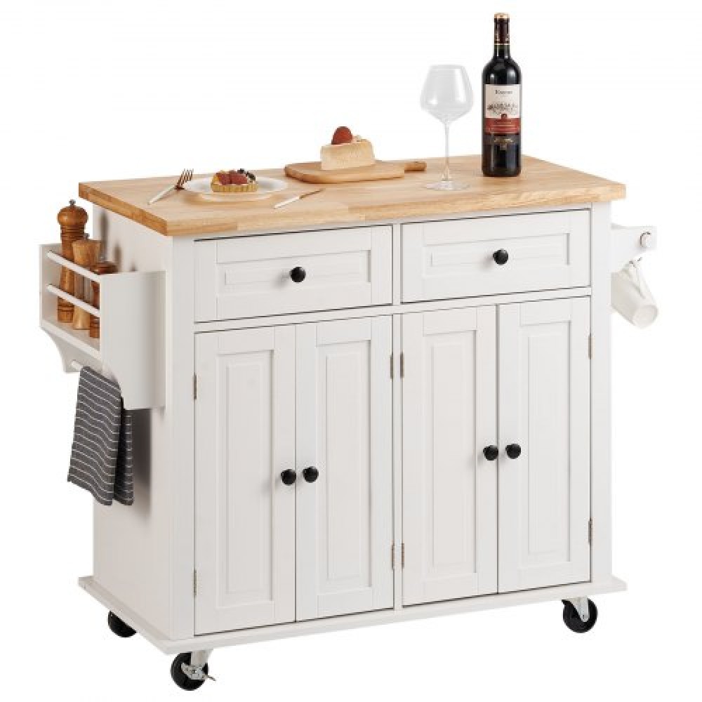 VEVOR Kitchen Island Cart με μασίφ ξύλινη κορυφή, 90 cm πλάτος κινητά καρότσια με ντουλάπι αποθήκευσης, κυλιόμενο τραπέζι κουζίνας με σχάρα μπαχαρικών, σχάρα για πετσέτες και συρτάρι, φορητά νησιά σε ρόδες, λευκό