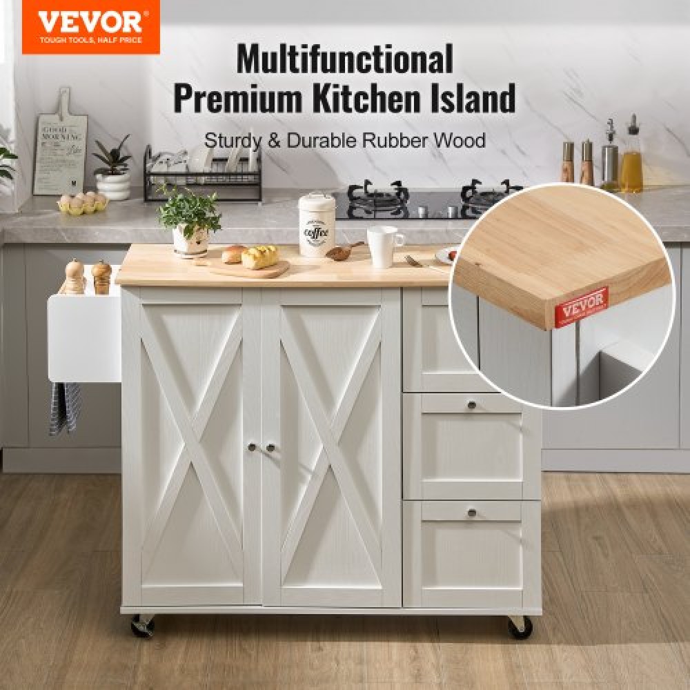 VEVOR Kitchen Island Cart με μασίφ ξύλινο επάνω μέρος, 115 cm πλάτος κινητά καρότσια με ντουλάπι αποθήκευσης, κυλιόμενο τραπέζι κουζίνας με σχάρα μπαχαρικών, σχάρα για πετσέτες, φύλλο και συρτάρι, φορητά νησιά σε ρόδες, λευκό