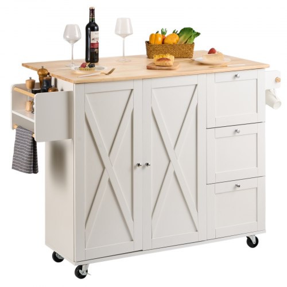 VEVOR Kitchen Island Cart με μασίφ ξύλινο επάνω μέρος, 115 cm πλάτος κινητά καρότσια με ντουλάπι αποθήκευσης, κυλιόμενο τραπέζι κουζίνας με σχάρα μπαχαρικών, σχάρα για πετσέτες, φύλλο και συρτάρι, φορητά νησιά σε ρόδες, λευκό