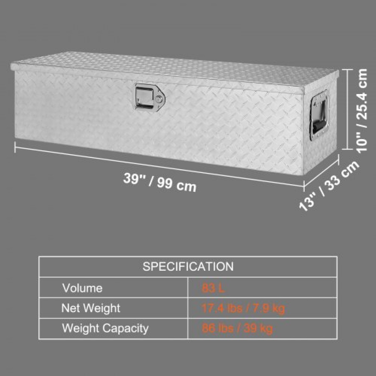 Κουτί εργαλείων κρεβατιού φορτηγού VEVOR Heavy Duty, Εργαλειοθήκη Diamond Plate με Πλαϊνή λαβή και κλειδαριά κλειδαριάς, Storage Tool Box Box Organizer για παραλαβή, Κρεβάτι φορτηγού, RV, Trailer, 99,1x33x25,4 cm, Ασημί