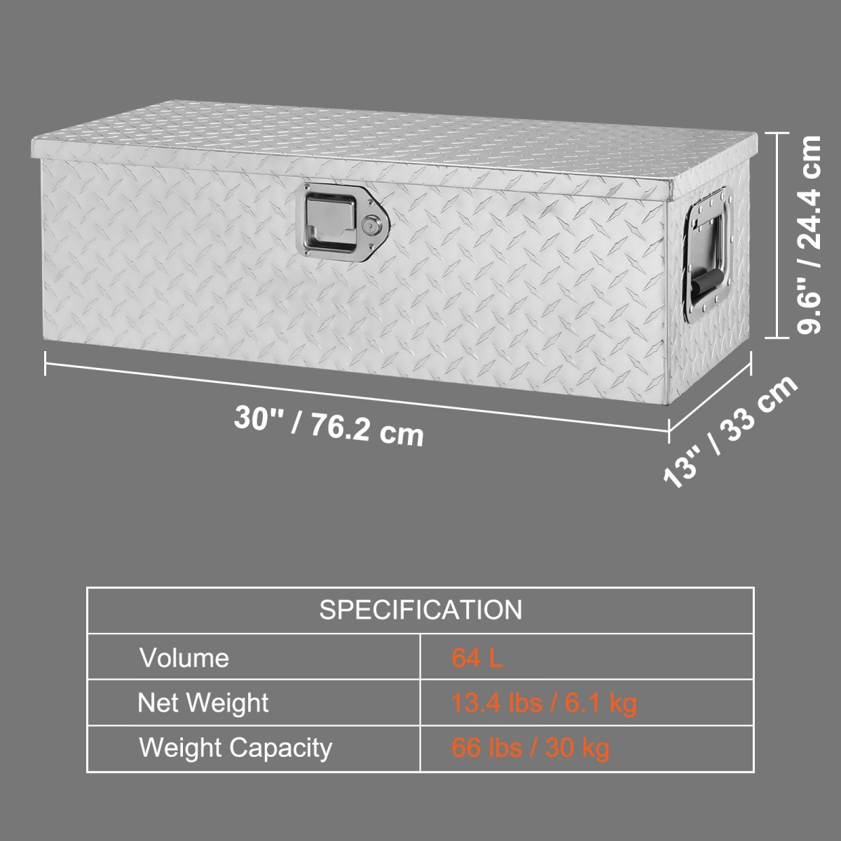 Κιβώτιο εργαλείων κρεβατιού φορτηγού VEVOR Heavy Duty, Εργαλειοθήκη Diamond Plate Toolbox με Πλαϊνή λαβή και κλειδαριά, Storage Tool Box Box Organizer για παραλαβή, Κρεβάτι φορτηγού, RV, Trailer, 76,2x33x24,4 cm, Ασημί