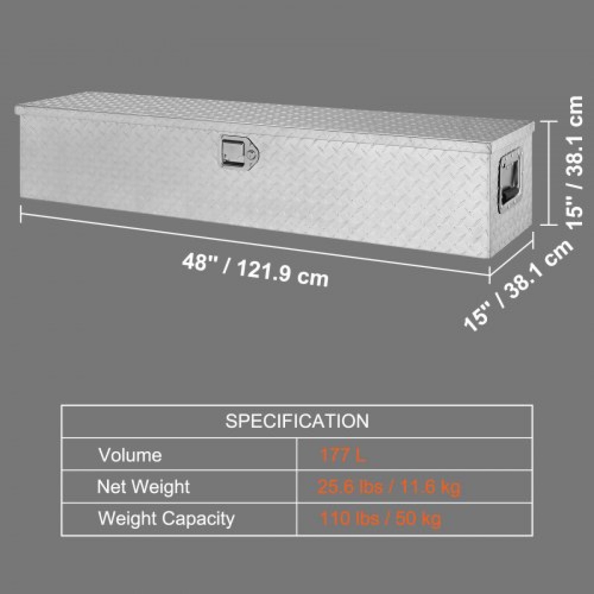 Κουτί εργαλείων κρεβατιού φορτηγού VEVOR Heavy Duty, Εργαλειοθήκη Diamond Plate με Πλαϊνή λαβή και κλειδαριά κλειδαριάς, Storage Tool Box Chest Box Organizer για παραλαβή, Κρεβάτι φορτηγού, RV, Trailer, 121,9x38,1x38,1 cm, Ασημί