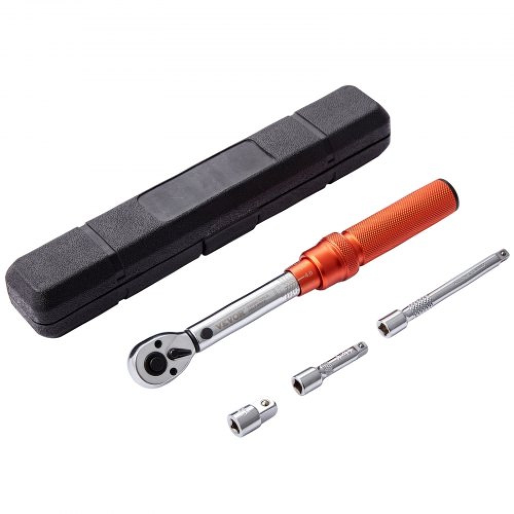 Ροπόκλειδο VEVOR, 0,6 cm Drive Click Torque Wrench 20-200 in. lb/2,3-23n.m, Σετ δυναμόκλειδο με δυνατότητα ρύθμισης διπλής κατεύθυνσης, κιτ ροπόκλειδου μηχανικής ζυγαριάς διπλού εύρους με ράβδο επέκτασης προσαρμογέων