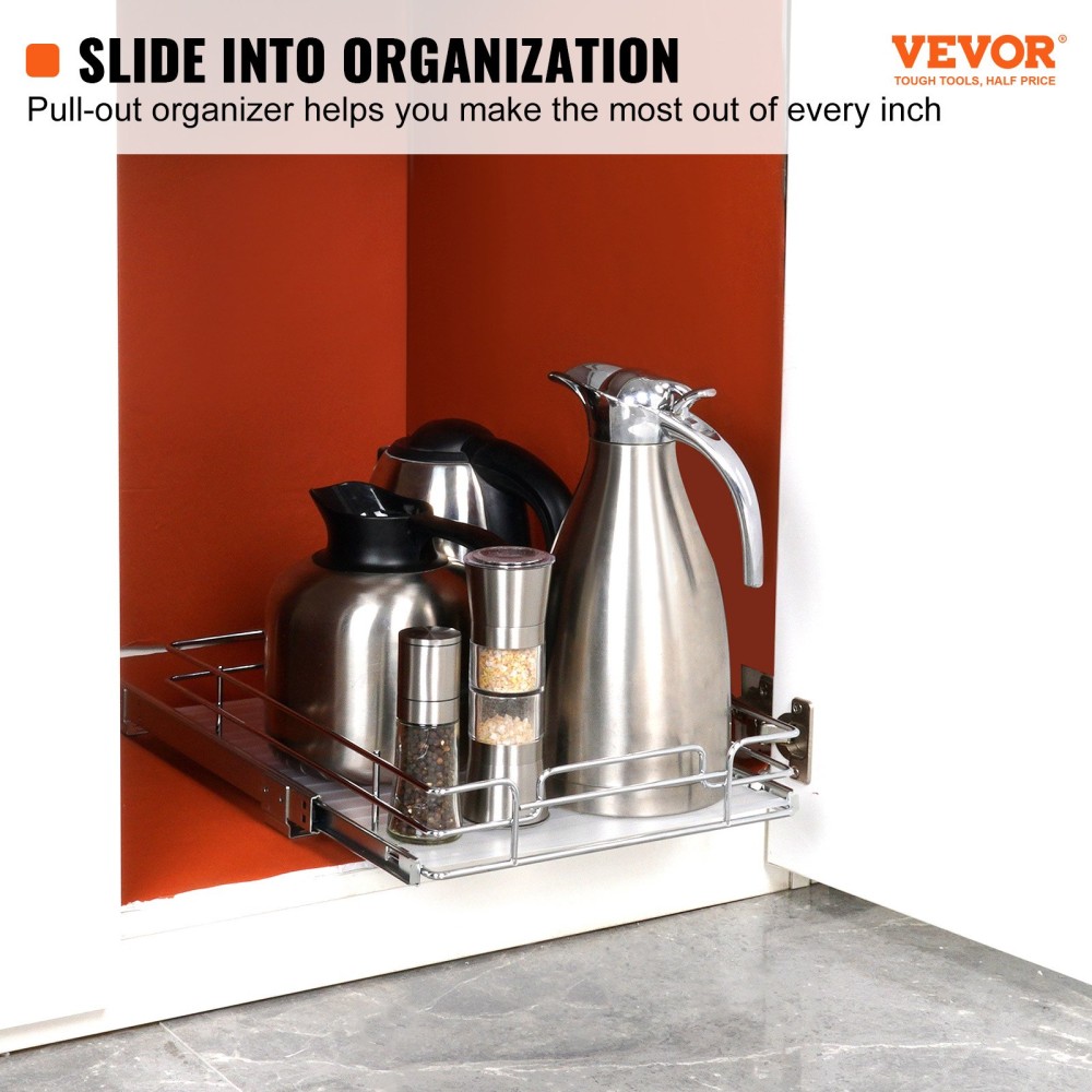 VEVOR 11"Wx21"Dx2.5"H Pull Out Organizer ντουλαπιού, Heavy Duty Slide Out Ράφια, Ατσάλινα συρτάρια, Συρόμενο συρτάρι αποθήκευσης για το σπίτι κάτω από το νεροχύτη, 13,5"Wx22"Dx7"H Μέγεθος εγκατάστασης για ντουλάπι