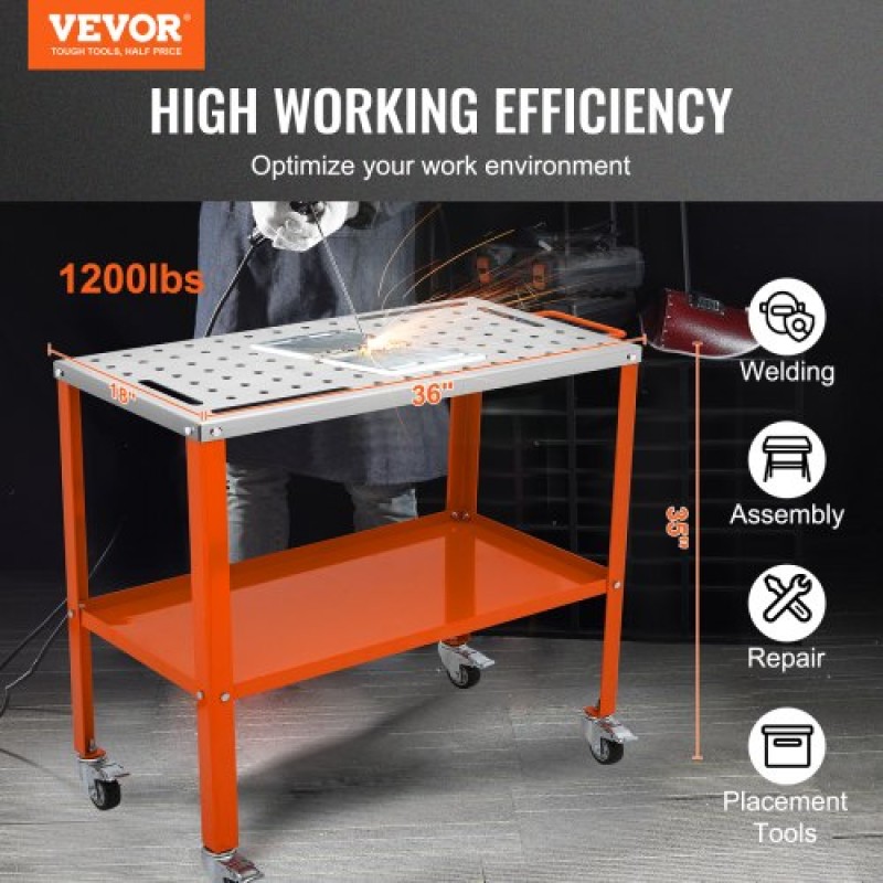 Τραπέζι συγκόλλησης VEVOR 91,4 cm x 45,7 cm, 544 kg Χωρητικότητα φορτίου Steel Welding Τραπέζι εργασίας σε ρόδες, Φορητός πάγκος εργασίας 2 στρώσεων με τροχούς πέδησης, 4 υποδοχές εργαλείων, οπές στερέωσης 1,6 cm