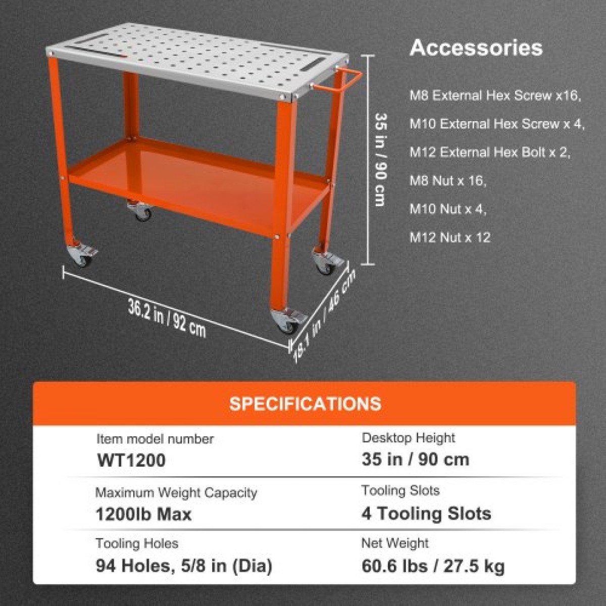 Τραπέζι συγκόλλησης VEVOR 91,4 cm x 45,7 cm, 544 kg Χωρητικότητα φορτίου Steel Welding Τραπέζι εργασίας σε ρόδες, Φορητός πάγκος εργασίας 2 στρώσεων με τροχούς πέδησης, 4 υποδοχές εργαλείων, οπές στερέωσης 1,6 cm