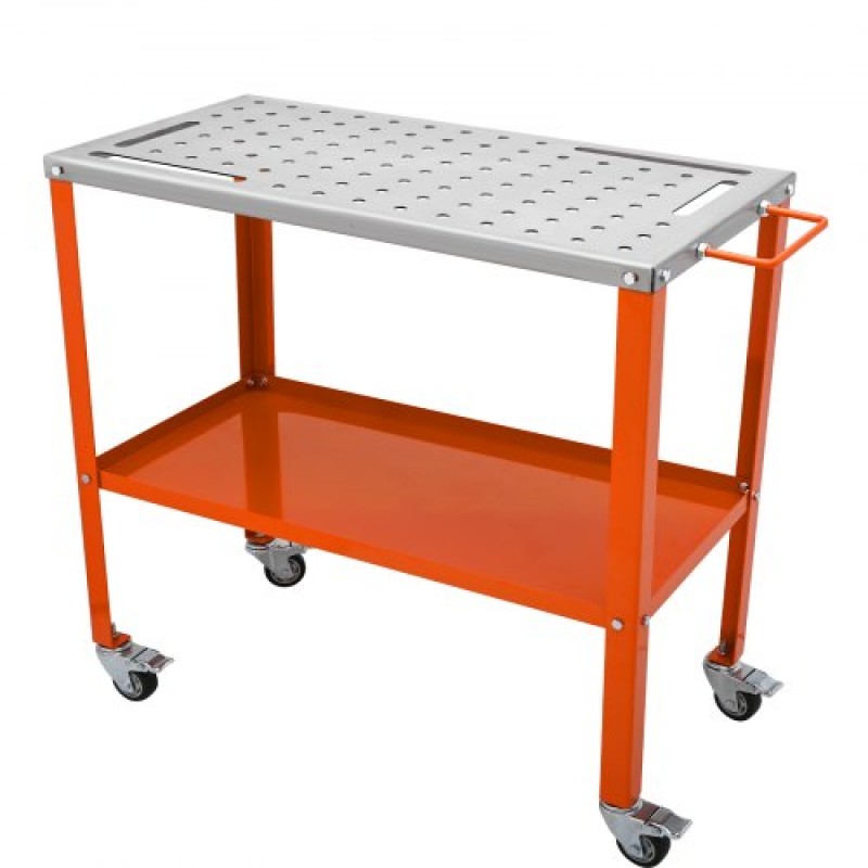 Τραπέζι συγκόλλησης VEVOR 91,4 cm x 45,7 cm, 544 kg Χωρητικότητα φορτίου Steel Welding Τραπέζι εργασίας σε ρόδες, Φορητός πάγκος εργασίας 2 στρώσεων με τροχούς πέδησης, 4 υποδοχές εργαλείων, οπές στερέωσης 1,6 cm