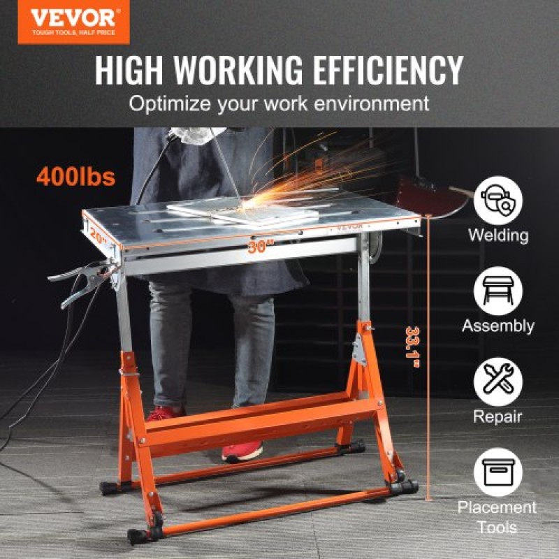Τραπέζι συγκόλλησης VEVOR 76,2 cm x 50,8 cm, 181,4 kg Χωρητικότητα φορτίου Steel Welding Τραπέζι εργασίας σε ρόδες, Πτυσσόμενος πάγκος εργασίας με τρεις σχισμή 2,8 cm, 3 γωνίες κλίσης, ρυθμιζόμενο ύψος, αναδιπλούμενες ράγες οδήγησης