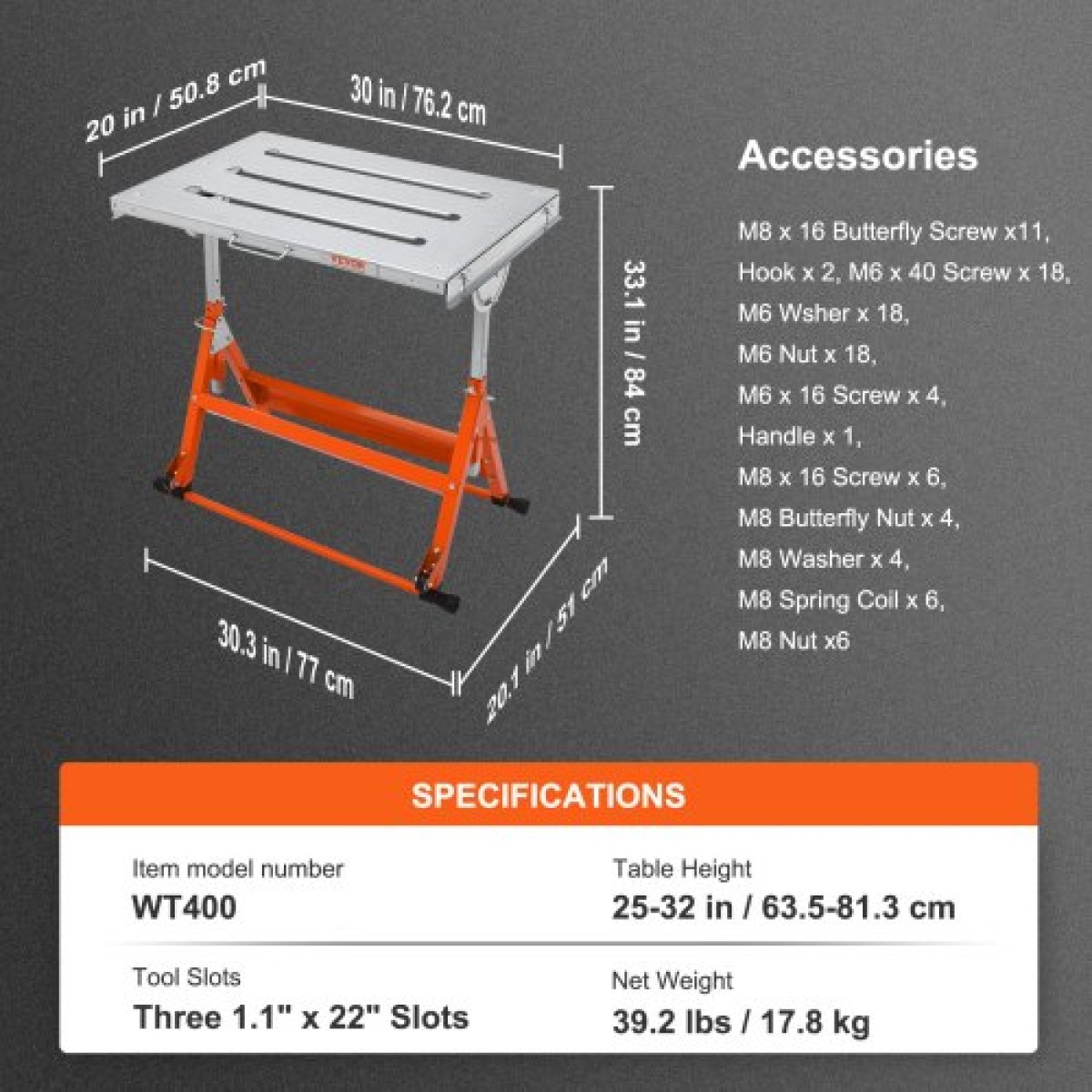 Τραπέζι συγκόλλησης VEVOR 76,2 cm x 50,8 cm, 181,4 kg Χωρητικότητα φορτίου Steel Welding Τραπέζι εργασίας σε ρόδες, Πτυσσόμενος πάγκος εργασίας με τρεις σχισμή 2,8 cm, 3 γωνίες κλίσης, ρυθμιζόμενο ύψος, αναδιπλούμενες ράγες οδήγησης